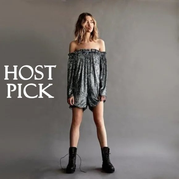 NWT Free People charcoal grey sequin & tulle romper - Picture 1 of 8